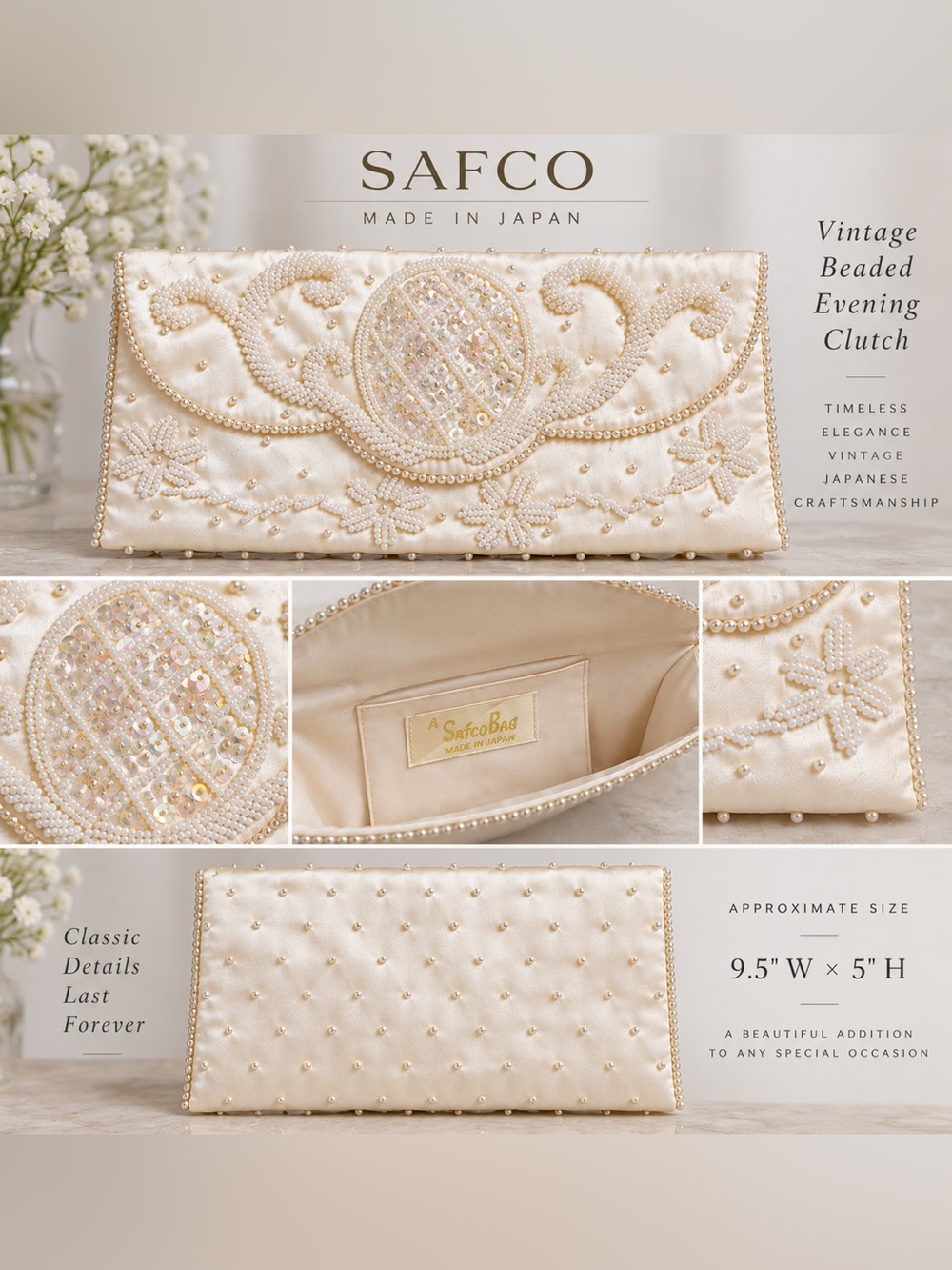 Vintage 1950s/60s SAFCO Japan Ivory Satin Beaded Pearl Sequin Evening Clutch